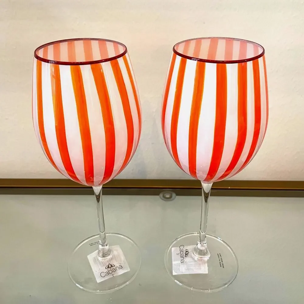 Cabana Orange Striped Wine Goblet Glass Set of 2 Holiday NEW
